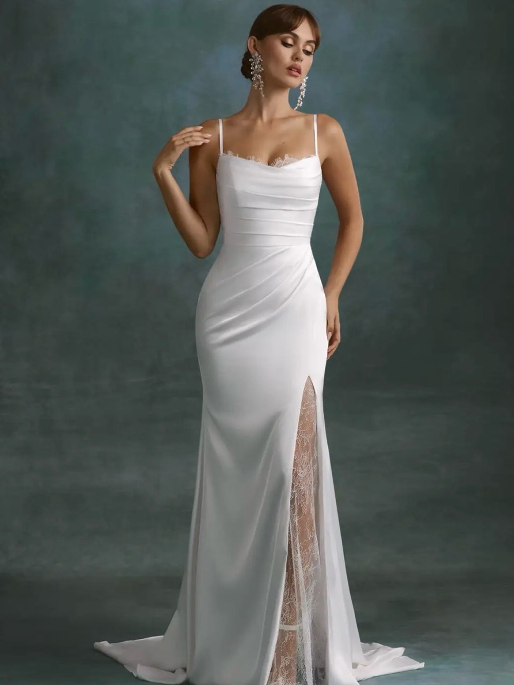 Azazie White Spaghetti-Strap Wedding Gown with Lace Slit